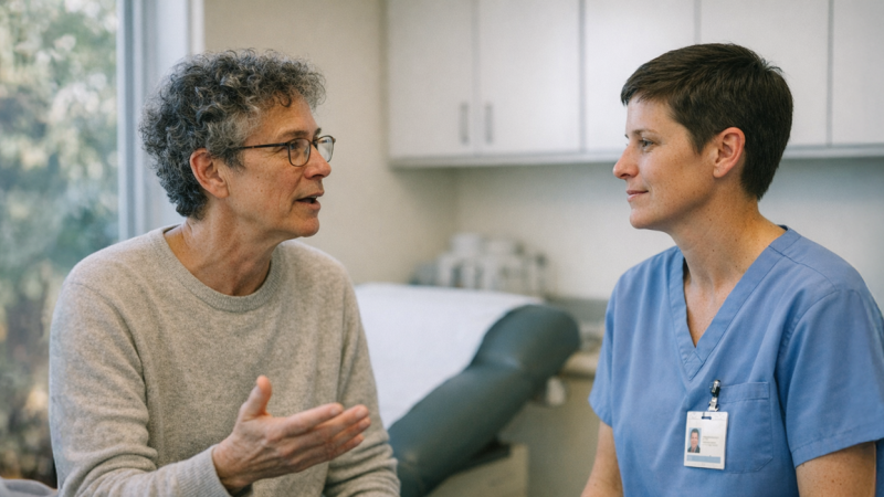 Patient och sjuksköterska i vårdmöte.