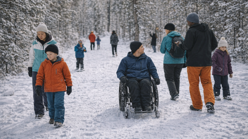 Människor i skogen en vinterdag, olika åldrar, kön och etnicitet